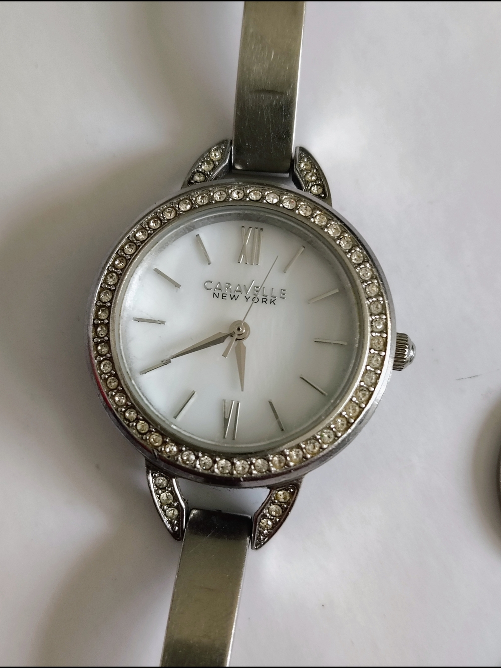 Women's Caravelle Silver Crystal Accent Watch - Mother Of Pearl Dial